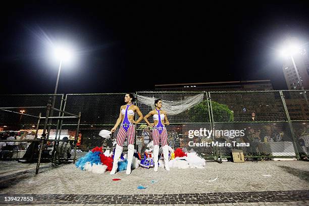 Brazilian revelers wait to perform during Carnival celebrations on February 20, 2012 in Rio de Janeiro, Brazil. Carnival is the grandest holiday in...