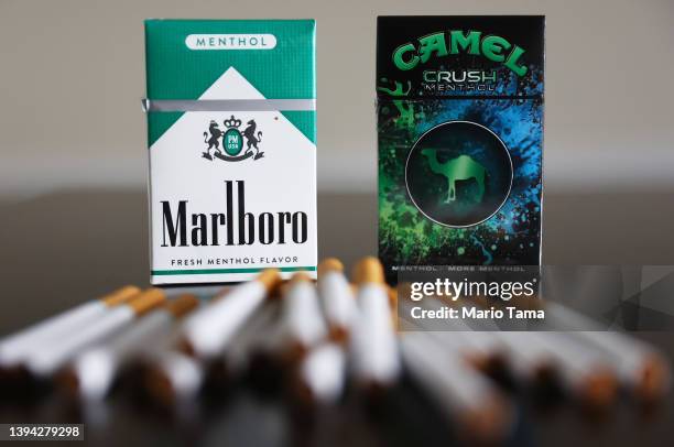 In this photo illustration, menthol cigarettes sit on a table on April 28, 2022 in Los Angeles, California. The Food and Drug Administration is...