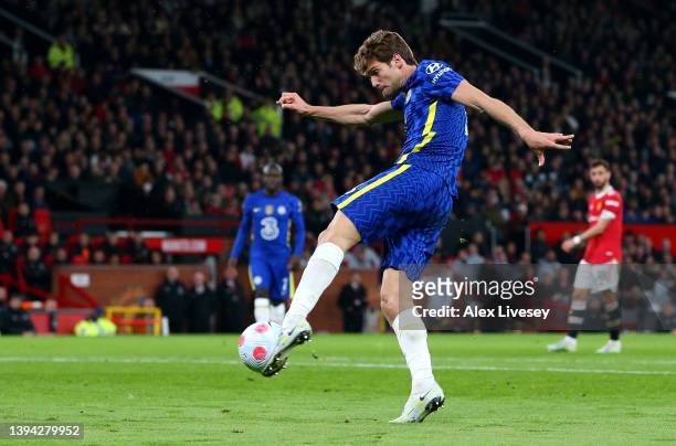 Marcos Alonso of Chelsea scores their team's first goal during the Premier League match between Manchester United and Chelsea at Old Trafford on...