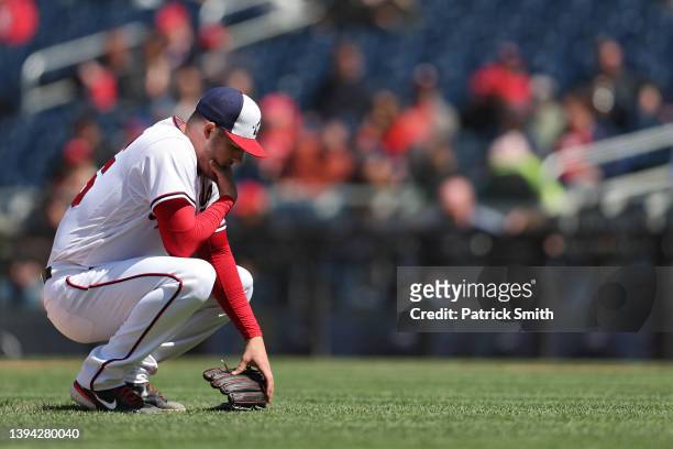 Starting pitcher Patrick Corbin of the Washington Nationals looks on after hitting Miguel Rojas of the Miami Marlins with a pitch during the seventh...