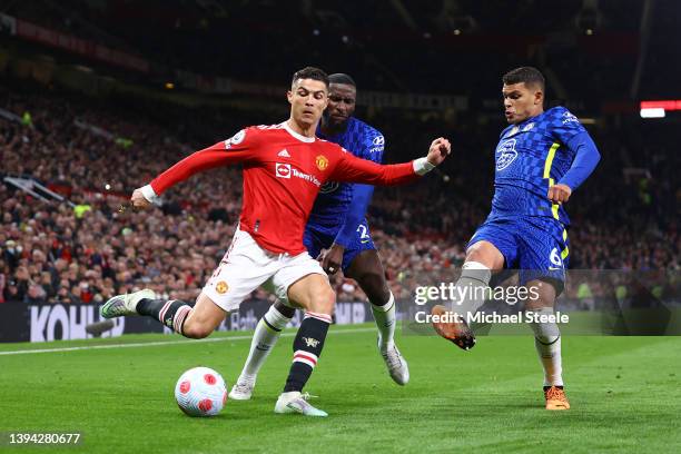 Cristiano Ronaldo of Manchester United celebrates victory Antonio Ruediger and Thiago Silva of Chelsea during the Premier League match between...