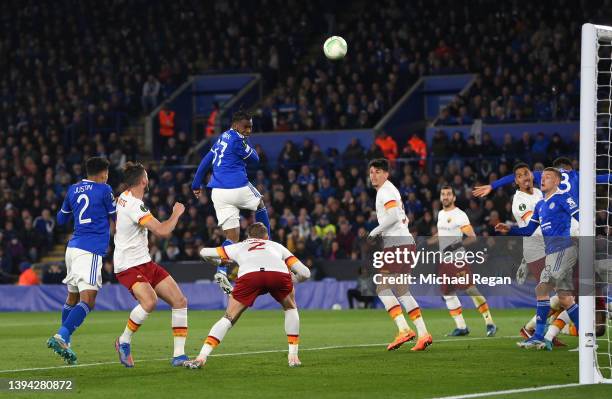 Ademola Lookman of Leicester City heads the ball wide during the UEFA Conference League Semi Final Leg One match between Leicester City and AS Roma...