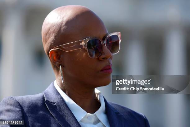 Rep. Ayanna Pressley joins a news conference on Title 42 outside the U.S. Capitol on April 28, 2022 in Washington, DC. Pressley and fellow members of...