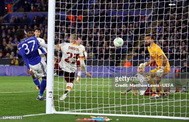 Ademola Lookman of Leicester City scores their sides first goal during the UEFA Conference League Semi Final Leg One match between Leicester City and...