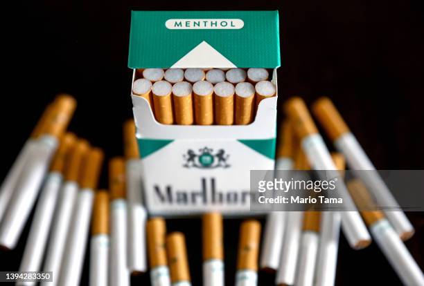 In this photo illustration, menthol cigarettes sit on a table on April 28, 2022 in Los Angeles, California. The Food and Drug Administration is...