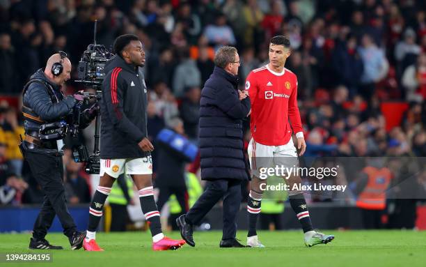 Ralf Rangnick embraces Cristiano Ronaldo of Manchester United after their sides draw during the Premier League match between Manchester United and...