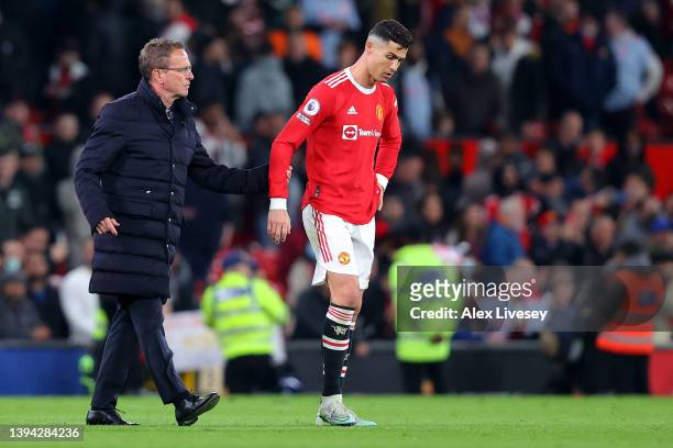 Ralf Rangnick embraces Cristiano Ronaldo of Manchester United after their sides draw during the Premier League match between Manchester United and...