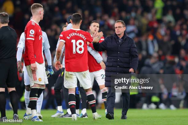 Ralf Rangnick embraces Bruno Fernandes of Manchester United after their sides draw Premier League match between Manchester United and Chelsea at Old...