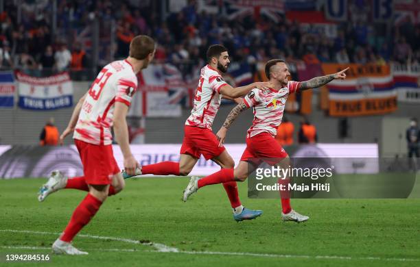 Angelino of RB Leipzig celebrates after scoring their team's first goal during the UEFA Europa League Semi Final Leg One match between RB Leipzig and...