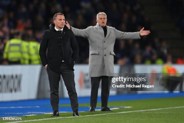 Brendan Rogers, Manager of Leicester City looks on during the UEFA Conference League Semi Final Leg One match between Leicester City and AS Roma at...