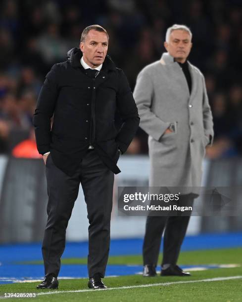 Brendan Rogers, Manager of Leicester City looks on during the UEFA Conference League Semi Final Leg One match between Leicester City and AS Roma at...