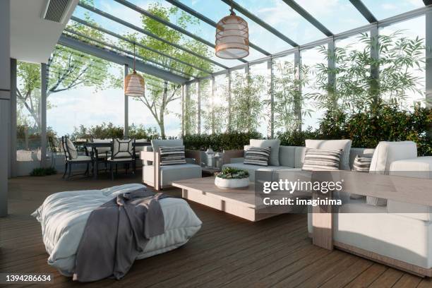 rooftop lounge - garden furniture stockfoto's en -beelden