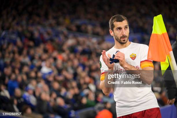 Henrikh Mkhitaryan of AS Roma during the UEFA Conference League Semi Final Leg One match between Leicester City and AS Roma at The King Power Stadium...