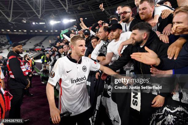 Martin Hinteregger of Eintracht Frankfurt interacts with fans following their sides victory after the UEFA Europa League Semi Final Leg One match...