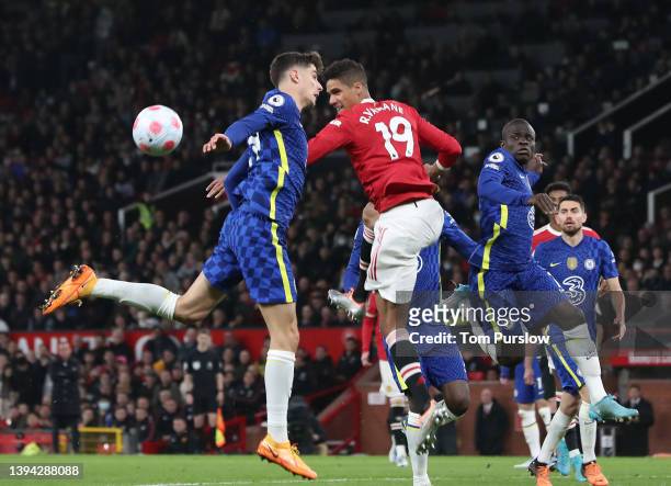 Raphael Varane of Manchester United in action during the Premier League match between Manchester United and Chelsea at Old Trafford on April 28, 2022...