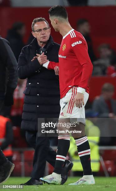 Interim Manager Ralf Rangnick of Manchester United speaks to Cristiano Ronaldo after the Premier League match between Manchester United and Chelsea...