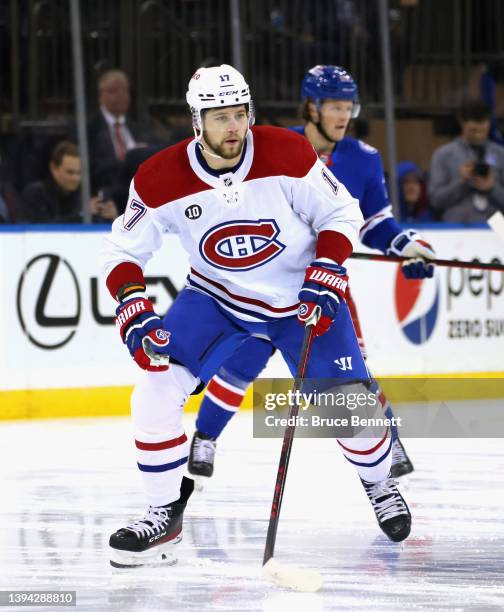 Josh Anderson of the Montreal Canadiens skates against the New York Rangers at Madison Square Garden on April 27, 2022 in New York City The Canadiens...