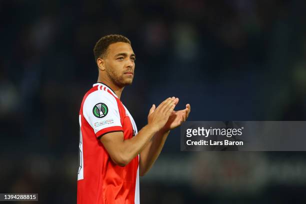 Cyriel Dessers of Feyenoord applauds the fans following their side's victory in the UEFA Conference League Semi Final Leg One match between Feyenoord...
