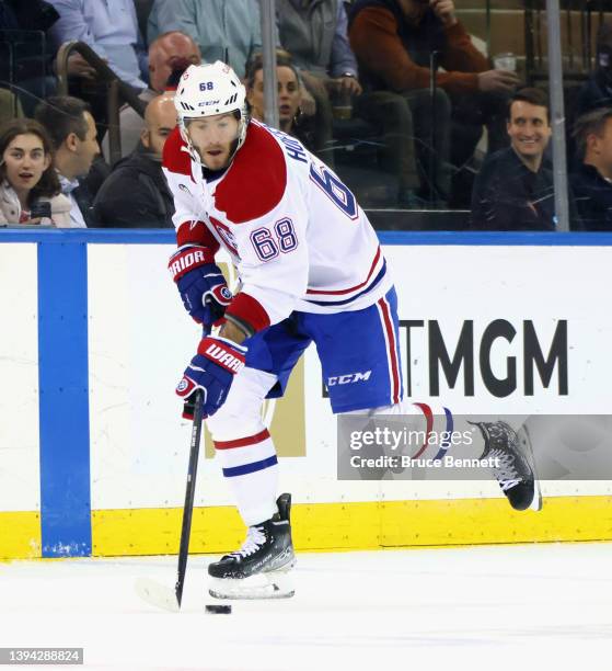 Mike Hoffman of the Montreal Canadiens skates against the New York Rangers at Madison Square Garden on April 27, 2022 in New York City The Canadiens...