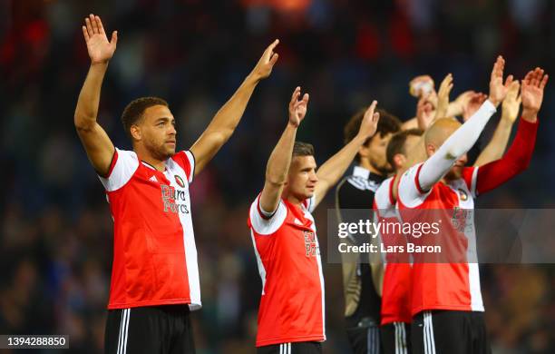 Cyriel Dessers and teammates of Feyenoord acknowledge the fans following their side's victory in the UEFA Conference League Semi Final Leg One match...