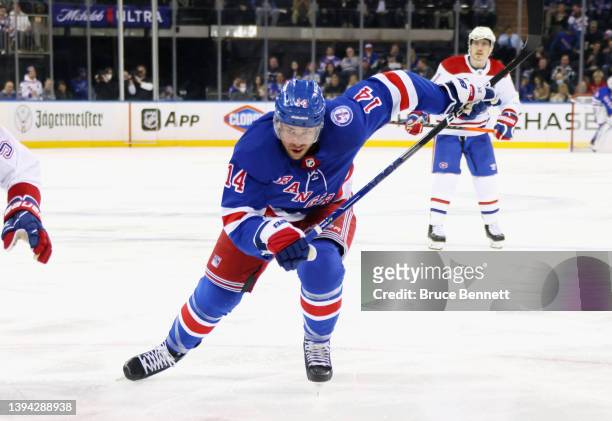 Greg McKegg of the New York Rangers skates against the Montreal Canadiens at Madison Square Garden on April 27, 2022 in New York City. The Canadiens...