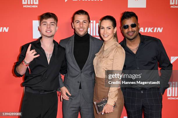 Mike Singer, Riccardo Basile, Clea Lacy and Orry Jackson and Mike Singer attend "Aufschlag bei BILD" at MTTC Iphitos München on April 28, 2022 in...