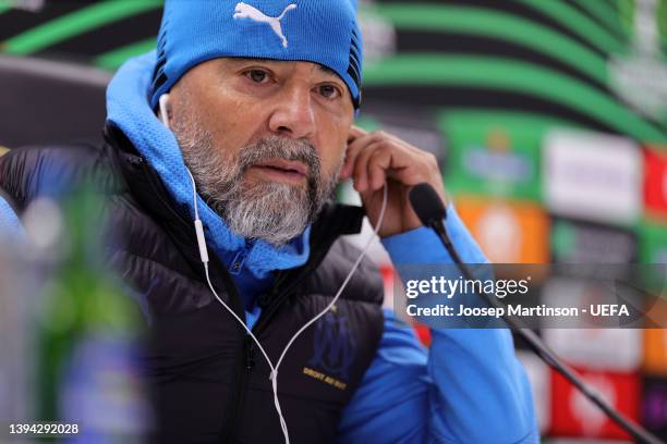 Jorge Sampaoli, Head Coach of Marseille looks on during a press conference following their defeat in the UEFA Conference League Semi Final Leg One...