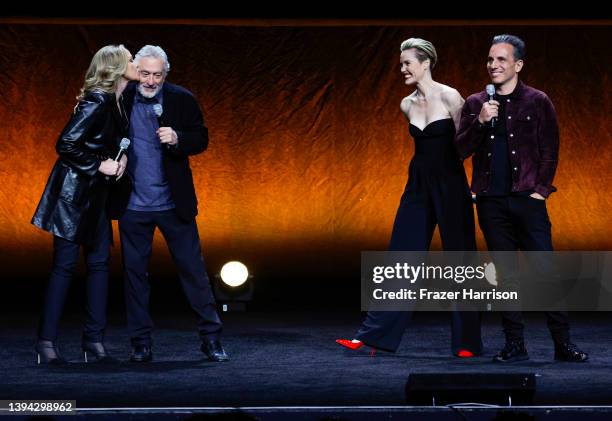 Kim Cattrall, Robert De Niro, Leslie Bibb, and Sebastian Maniscalco speak onstage during CinemaCon 2022 - Lionsgate Invites You to An Exclusive...