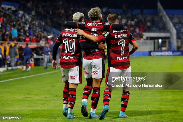 Gabriel of Flamengo celebrates with teammates after scoring the second goal of his team during a match between Universidad Catolica and Flamengo as...