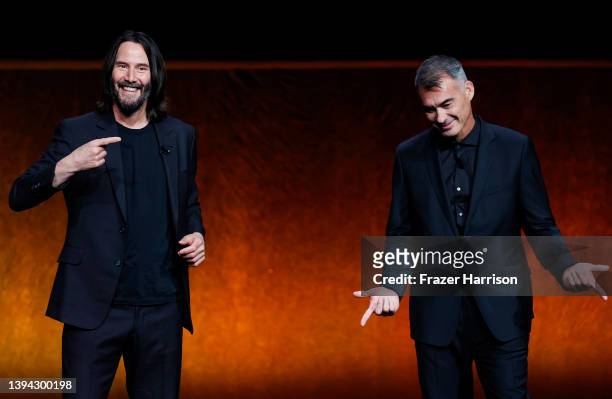 Keanu Reeves and Chad Stahelski speak onstage during CinemaCon 2022 - Lionsgate Invites You to An Exclusive Presentation of its Upcoming Slate at The...
