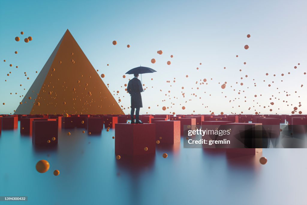 Surreales Bild eines Geschäftsmannes, der in einer Fantasy-Landschaft steht