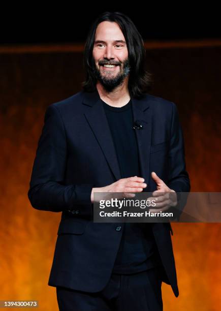 Keanu Reeves speaks onstage during CinemaCon 2022 - Lionsgate Invites You to An Exclusive Presentation of its Upcoming Slate at The Colosseum at...