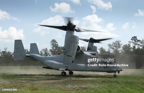 Rolls-Royce AE-1107C engine powered US Marine Corp Bell Boeing V-22 Osprey, an American multi-mission, tiltrotor military aircraft, at New River...