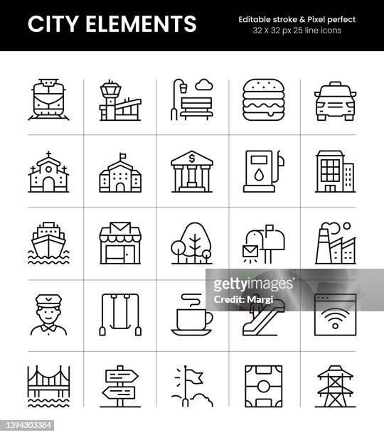 ilustrações de stock, clip art, desenhos animados e ícones de city elements editable stroke line icons - subway train