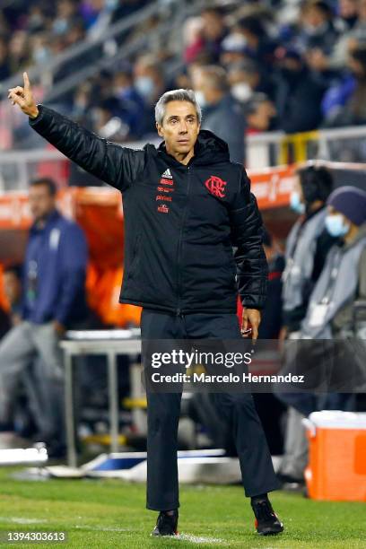 Paulo Sousa head coach of Flamengo gestures during a match between Universidad Catolica and Flamengo as part of Copa CONMEBOL Libertadores 2022 at...
