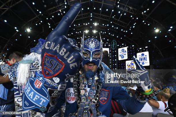 An Indianapolis Colts fan poses prior to round one of the 2022 NFL Draft on April 28, 2022 in Las Vegas, Nevada.