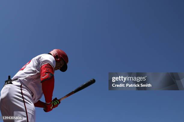 Juan Soto of the Washington Nationals waits to bat against the Miami Marlins at Nationals Park on April 28, 2022 in Washington, DC.