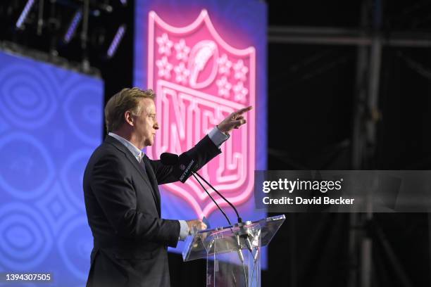 Commissioner Roger Goodell speaks onstage to kick off round one of the 2022 NFL Draft on April 28, 2022 in Las Vegas, Nevada.