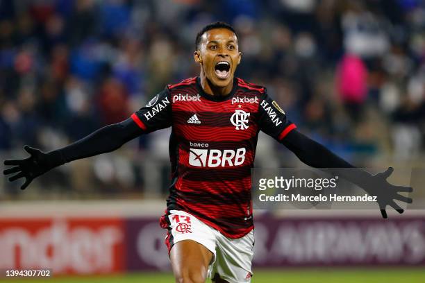 Lazaro of Flamengo celebrates after scoring the third goal of his team during a match between Universidad Catolica and Flamengo as part of Copa...