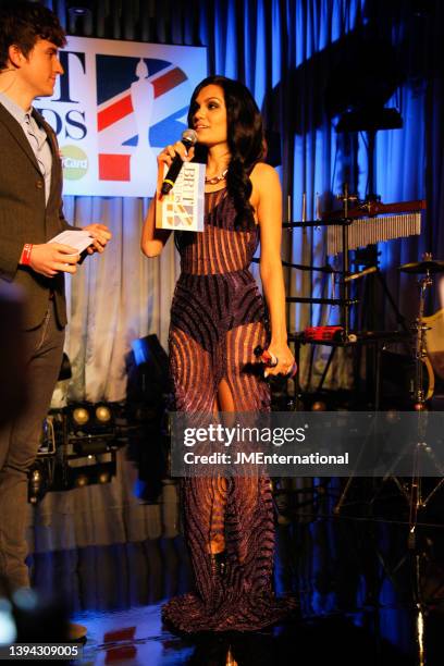 Greg James and Jessie J on stage during The BRIT Awards 2012 Nominations Launch at The Savoy, on February 12, 2012 in London, England.