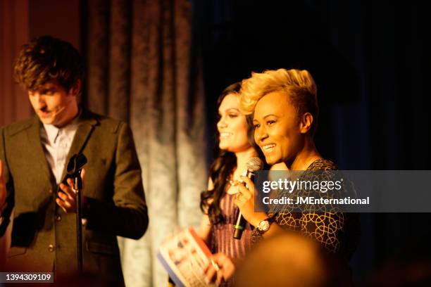 Emeli Sande´ Greg James and Jessie J on stage during The BRIT Awards 2012 Nominations Launch at The Savoy, on February 12, 2012 in London, England.