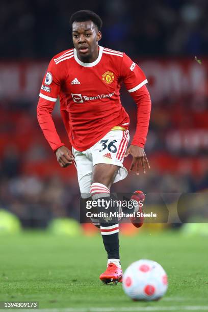 Anthony Elanga of Manchester United during the Premier League match between Manchester United and Chelsea at Old Trafford on April 28, 2022 in...