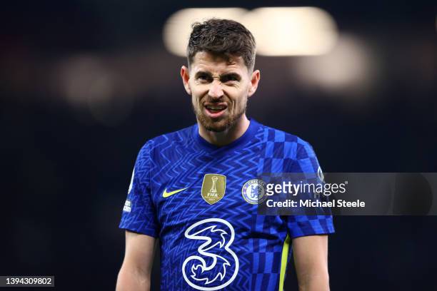 Jorginho of Chelsea during the Premier League match between Manchester United and Chelsea at Old Trafford on April 28, 2022 in Manchester, England.