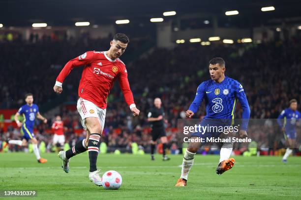 Cristiano Ronaldo of Manchester United tracked by Thiago Silva of Chelsea during the Premier League match between Manchester United and Chelsea at...