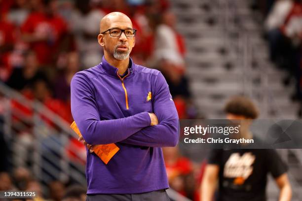Head coach Monty Williams of the Phoenix Suns looks on during the game against the New Orleans Pelicans at Smoothie King Center on April 28, 2022 in...