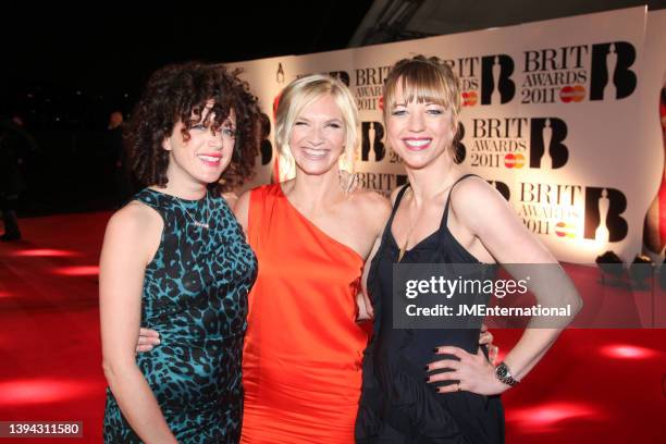 Annie Mac, Jo Whiley and Sara Cox attend the red carpet during The BRIT Awards 2011 at The O2 on February 15, 2011 in London, England.