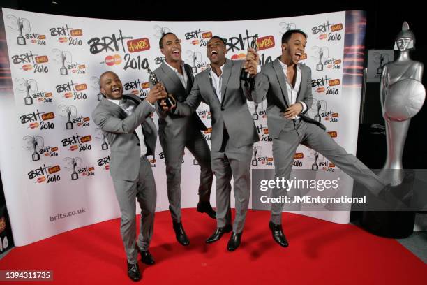 Backstage during The BRIT Awards 2010 at Earls Court 1 on February 16, 2010 in London, England. L-R JB Gill, Marvin Humes, Oritse´ Williams, Aston...