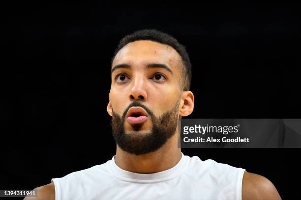 Rudy Gobert of the Utah Jazz warms up before Game 6 of the Western Conference First Round Playoffs against the Dallas Mavericks at Vivint Smart Home...