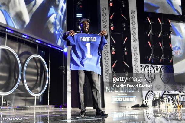 Kayvon Thibodeaux poses onstage after being selected fifth by the New York Giants during round one of the 2022 NFL Draft on April 28, 2022 in Las...