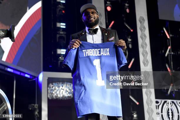 Kayvon Thibodeaux poses onstage after being selected fifth by the New York Giants during round one of the 2022 NFL Draft on April 28, 2022 in Las...